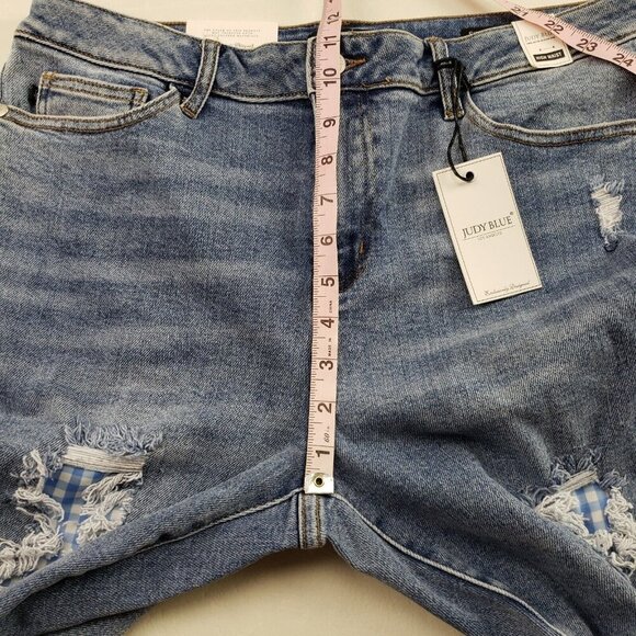 Judy Blue Gingham Distressed Jean Womens 15/32 Blue Raw Hem High Rise Skinny NEW - Picture 12 of 13